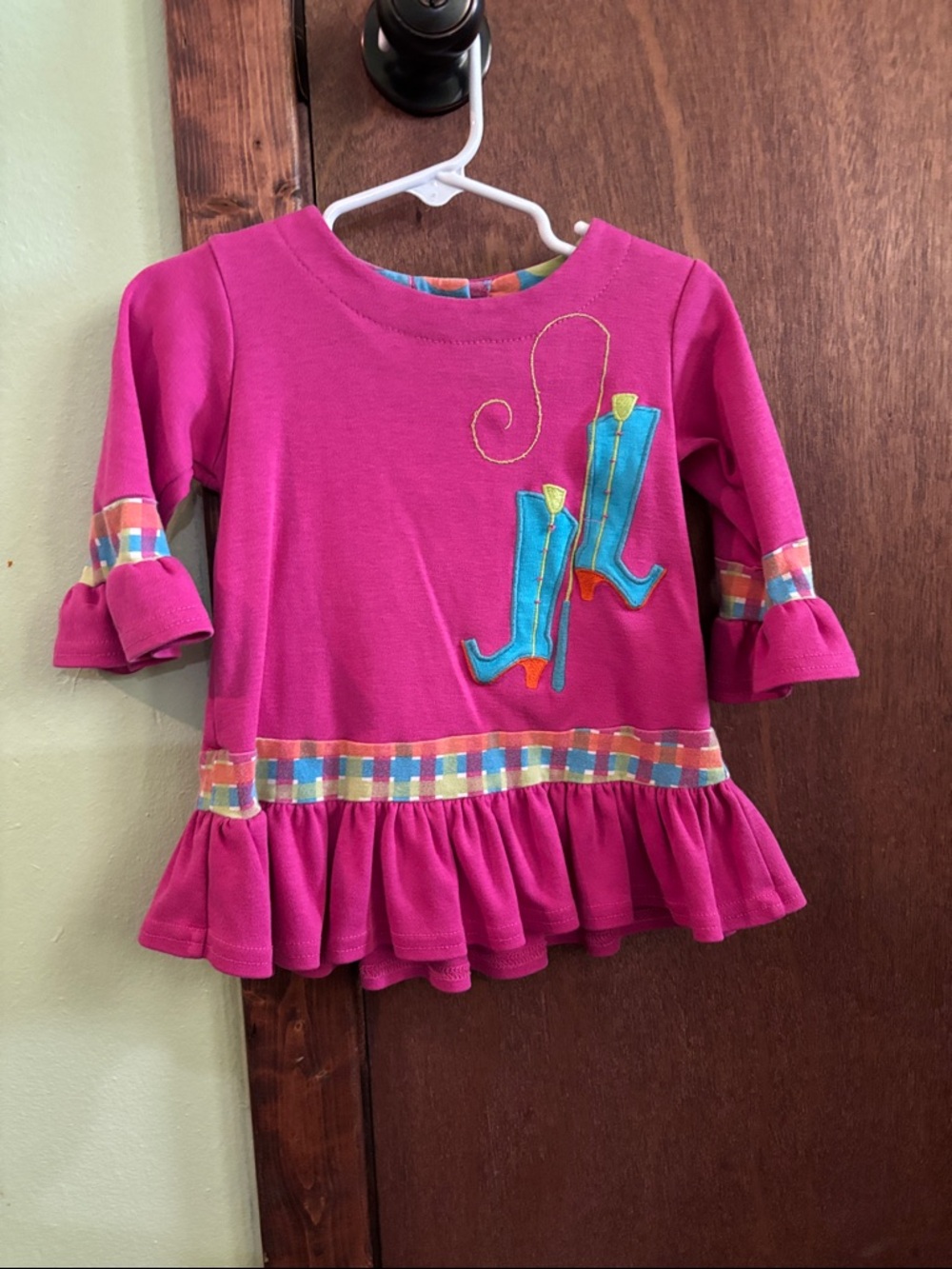 Girls' Bright Pink Long-Sleeve Ruffle Top with Boot Applique